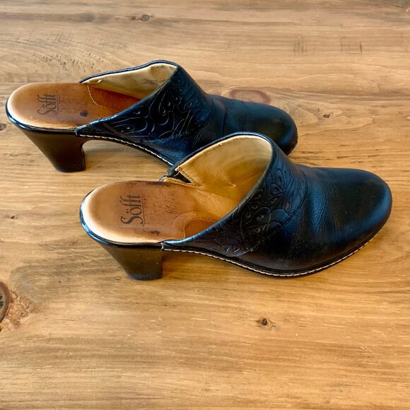 Sofft Clogs Mules Women's 10 Black Leather Slip-On Heel Embossed Casual - Picture 8 of 16